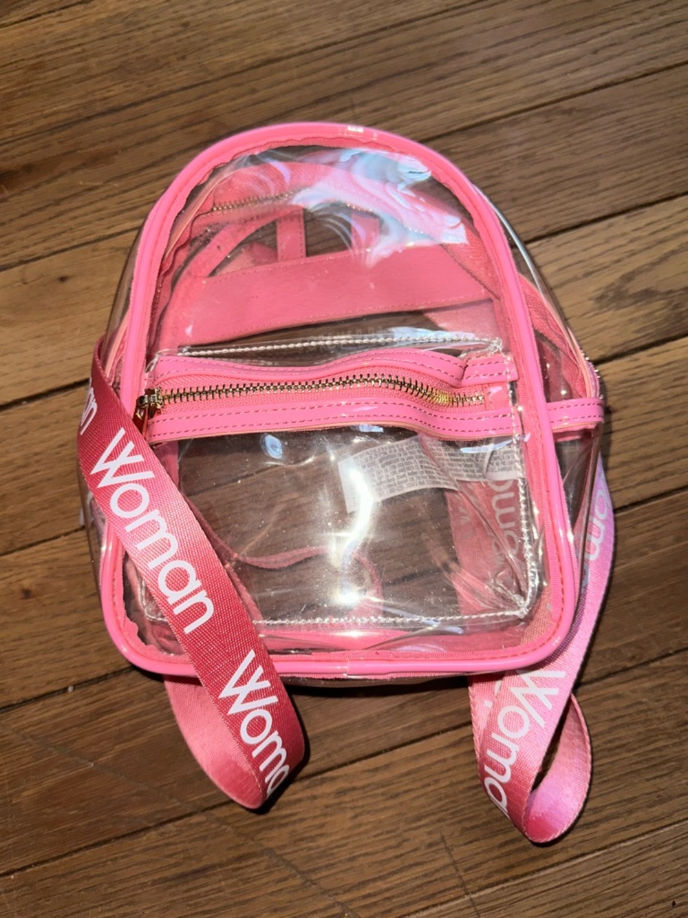 Clear Pink PVC Mini Backpack with “Woman” strap